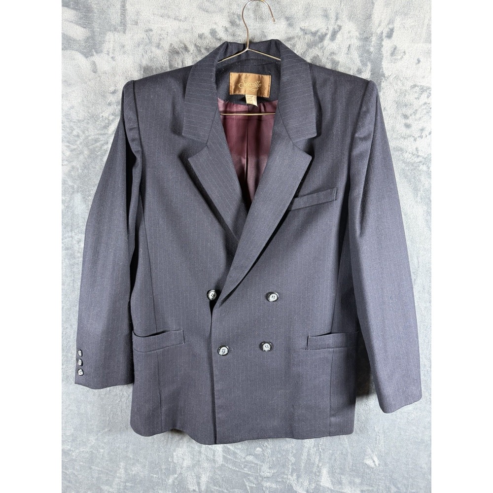 Seville Vintage 100% Wool Double Breasted Blazer Women Size 12 Navy Pinstripe